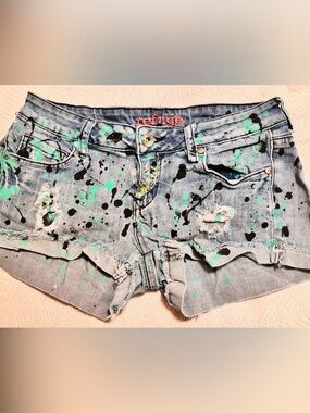 Refuge Stylein Mint & Black Paint-Splatter Denim Shorts Sz 4